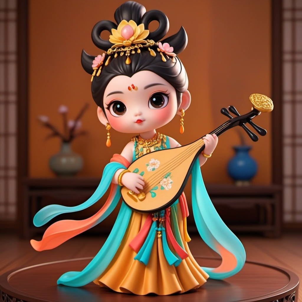 Q edition,shinv,A cute,chibi-style Asian girl rocks an elaborate,traditional Chinese getup with a golden headdress and floral bling. Her big,expressive eyes are highlighted by intricate black eyeliner. She's got a tiny,dainty frame and is strumming a lute with a golden,detailed design. The backdrop is a posh,classic Chinese room with wooden walls and a low table with a vase. The scene bursts with vibrant,warm colors and intricate details.,<lora:shinv_v1:0.8>,