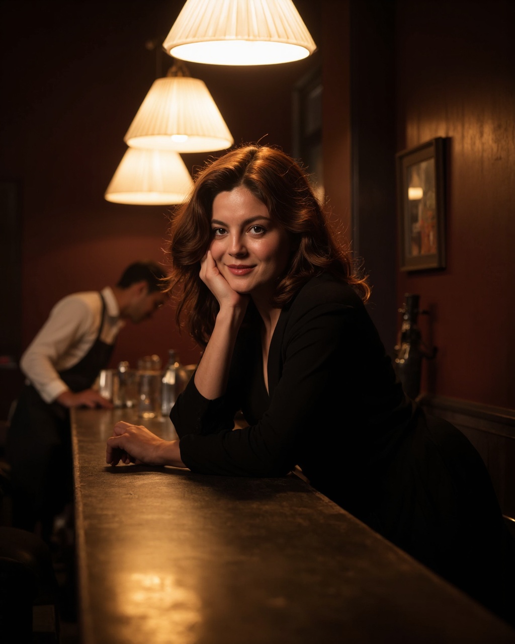 A high-resolution photograph capturing a moody,  intimate scene in a dimly lit bar. The central subject is monica_barbaro...
