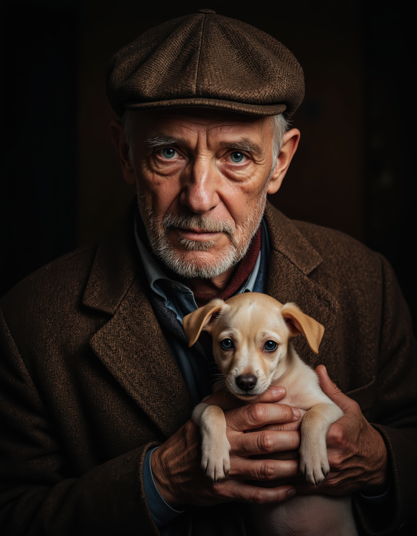 A cinematic portrait of an elderly man holding a small dog,  captured in warm,  moody lighting against a dark background o...