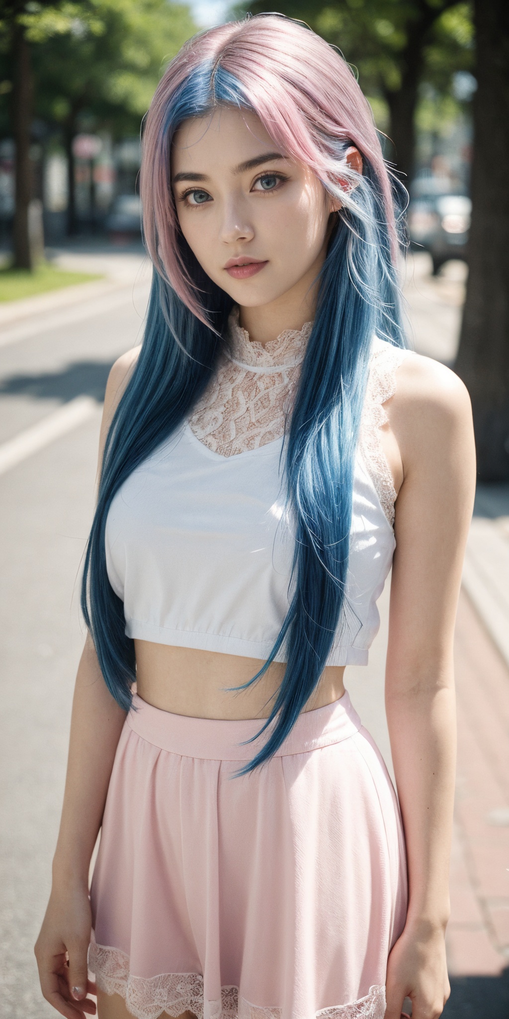1girl,cute face,bstract,glowing,(blue hair:1.4),(pink hair:1.35),(long hair:1.4),(see-through:1.3),skirt,(lace:1.2),sleeveless,sunlight,outdoors,