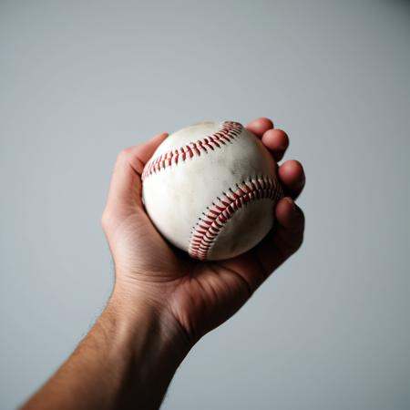 cinematic film still of a hand holding a baseball ball on a white background,  shallow depth of field,  vignette on Tensor...