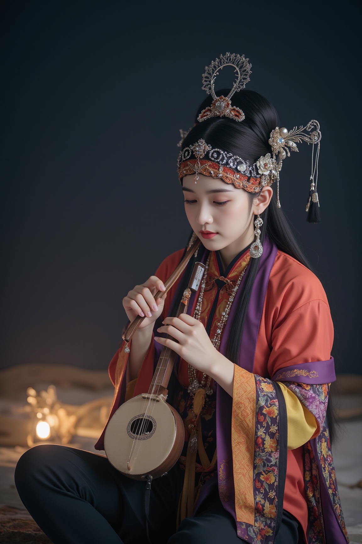 1girl, dressed in Chinese ethnic minority clothing, playing musical instruments,scolor moke,edge light,night,miaofu,Silver headwear, jewelry, earrings