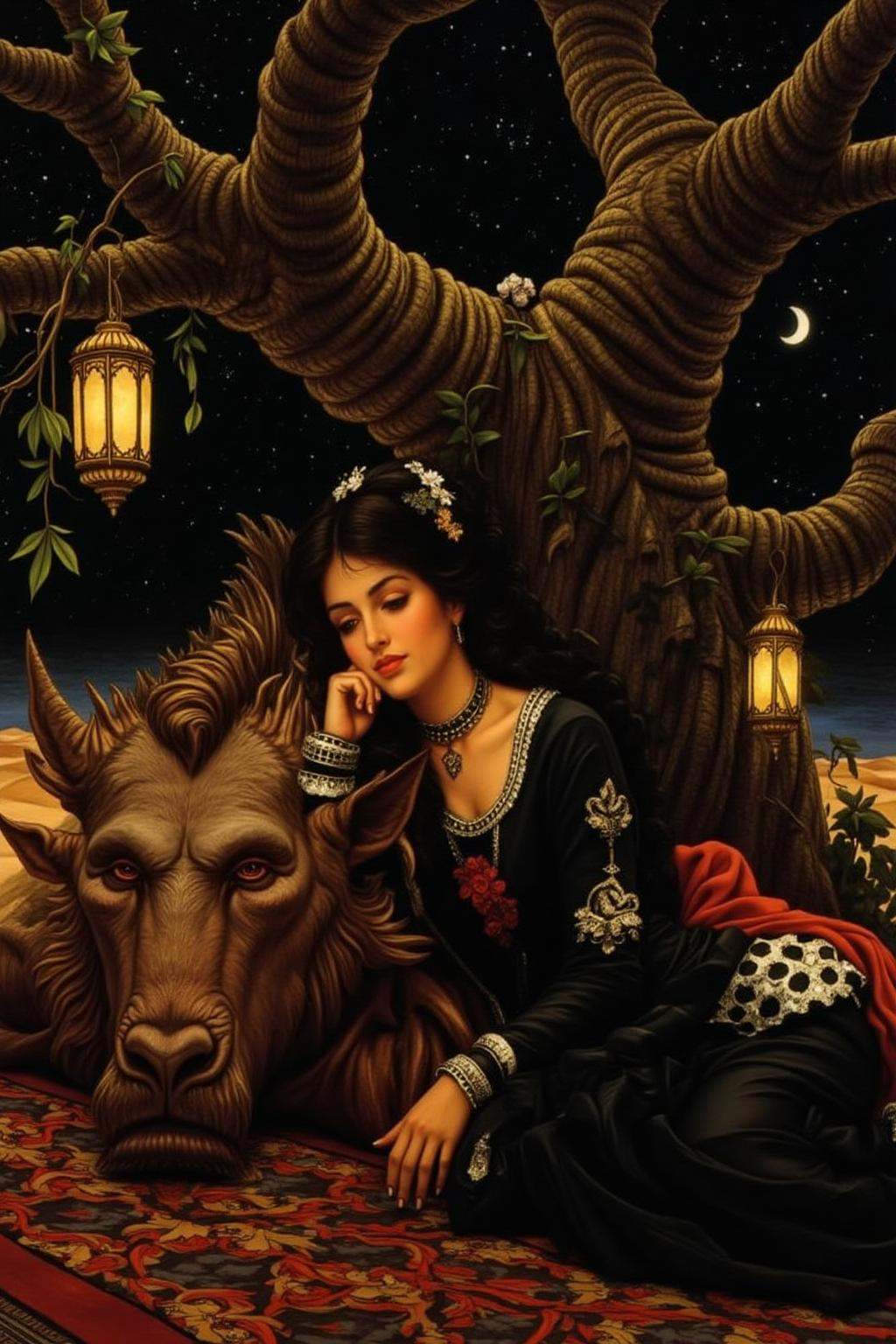 jati1 paintinga scene from Arabian Nights,  rendered in intricate,  colorful detail. A beautiful woman and a sleeping demo...