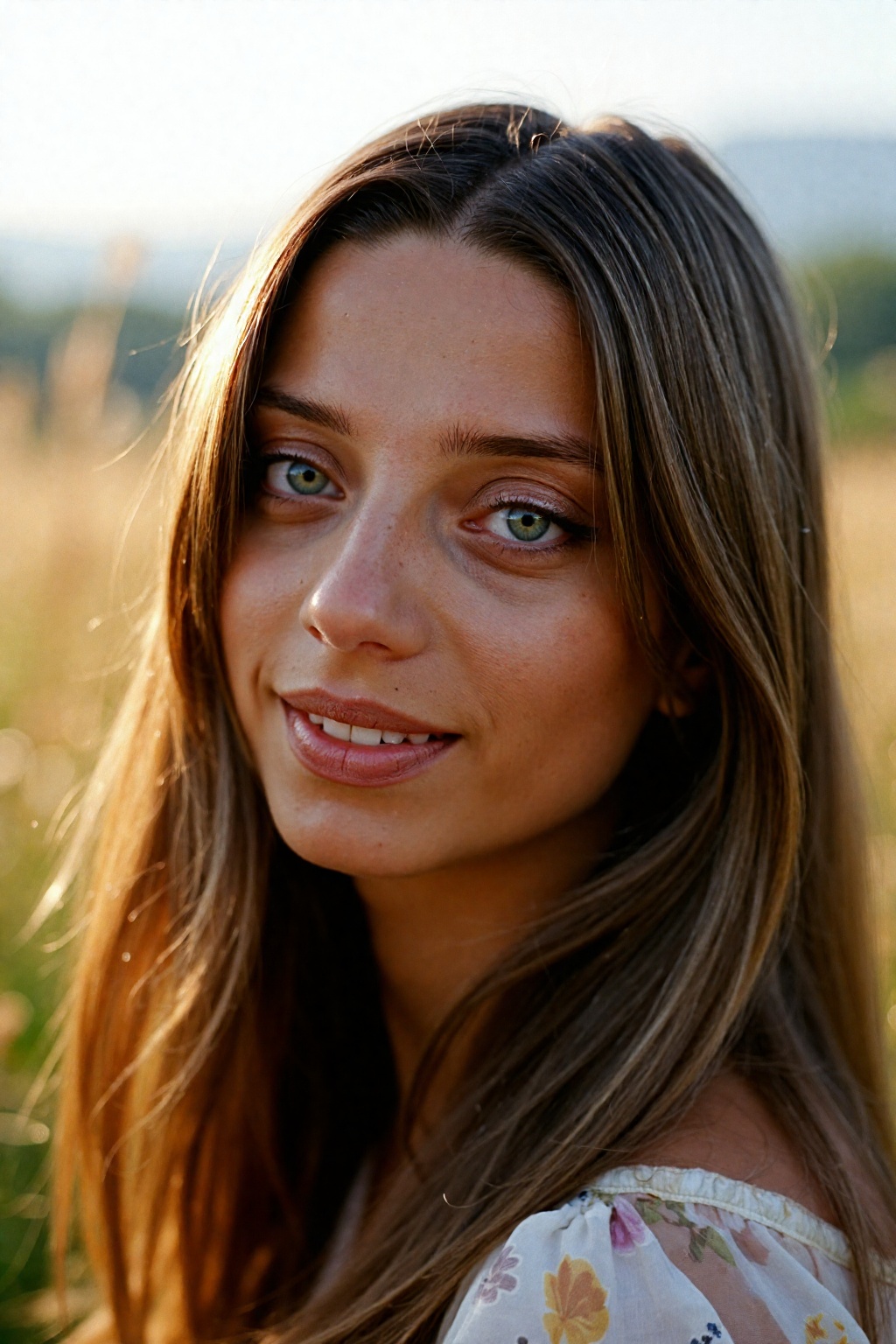 A captivating close-up of angela sarafyan,  her radiant beauty set against the natural splendor of an open field bathed in...