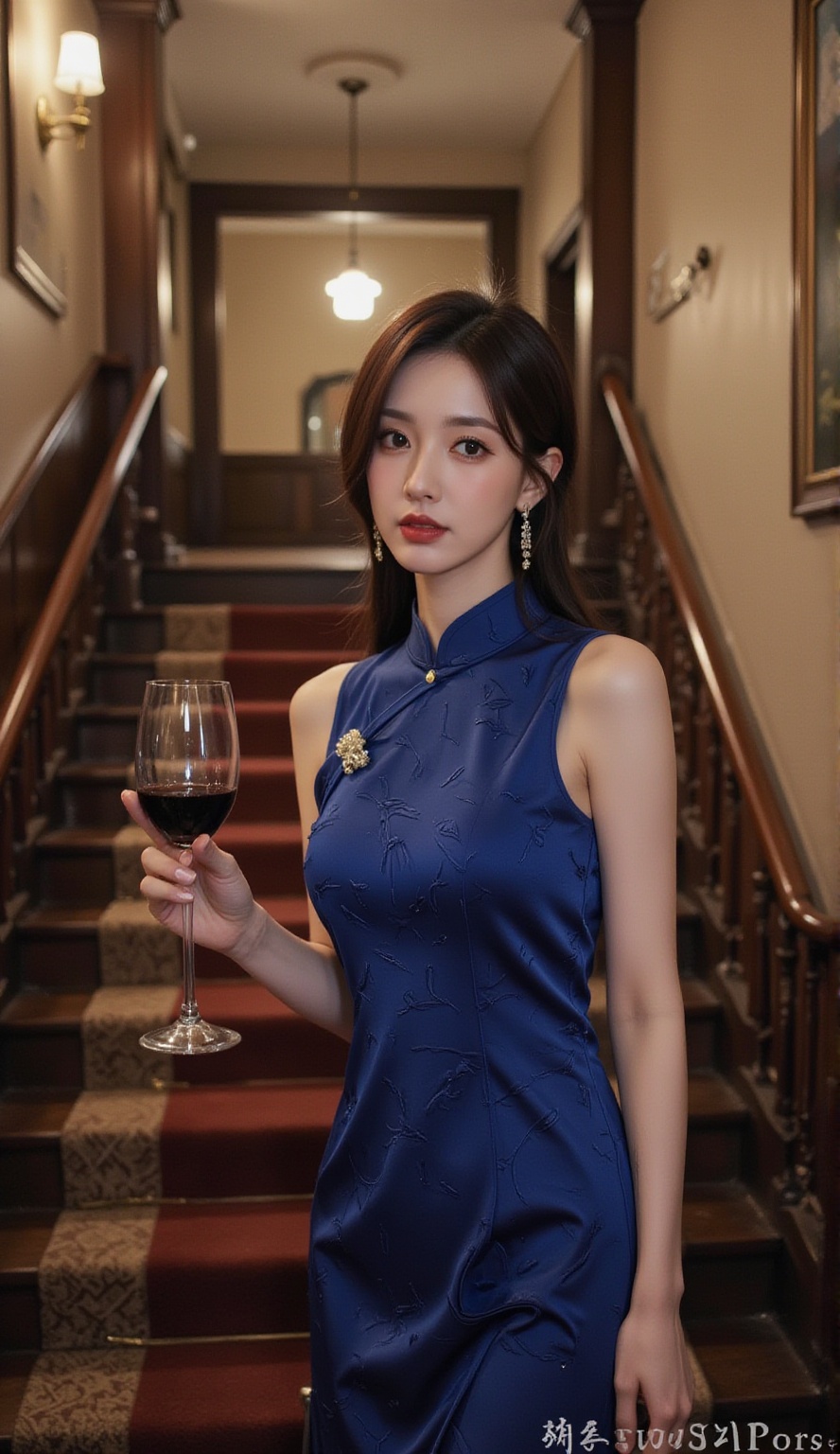 Cheongsam,Cheongsam,Elegance and sophistication: A woman in a traditional blue dress, holding her glass of wine with poise on an elegant staircase. 