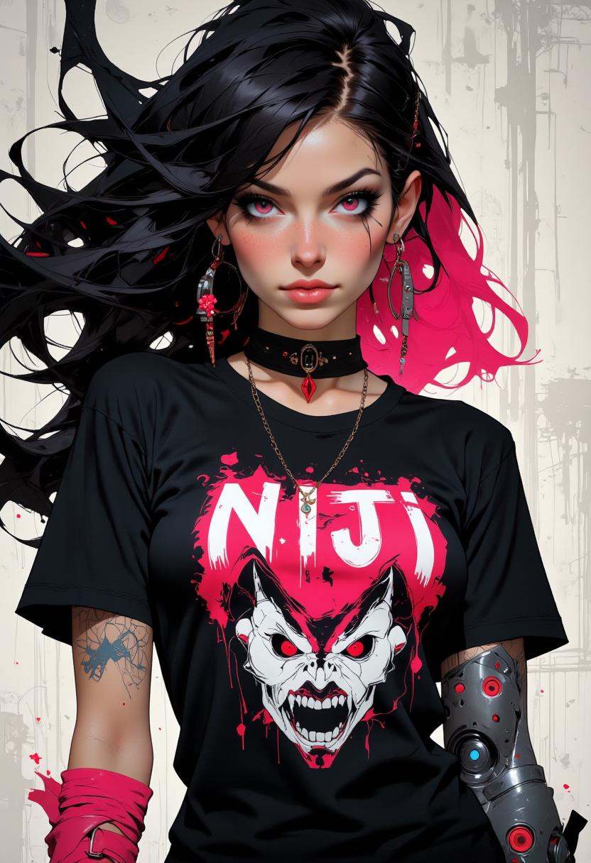 alternative woman wearing a shirt that says "Niji art V2",  cyberpunk,  mechanical arm. Niji style. on Tensor.Art