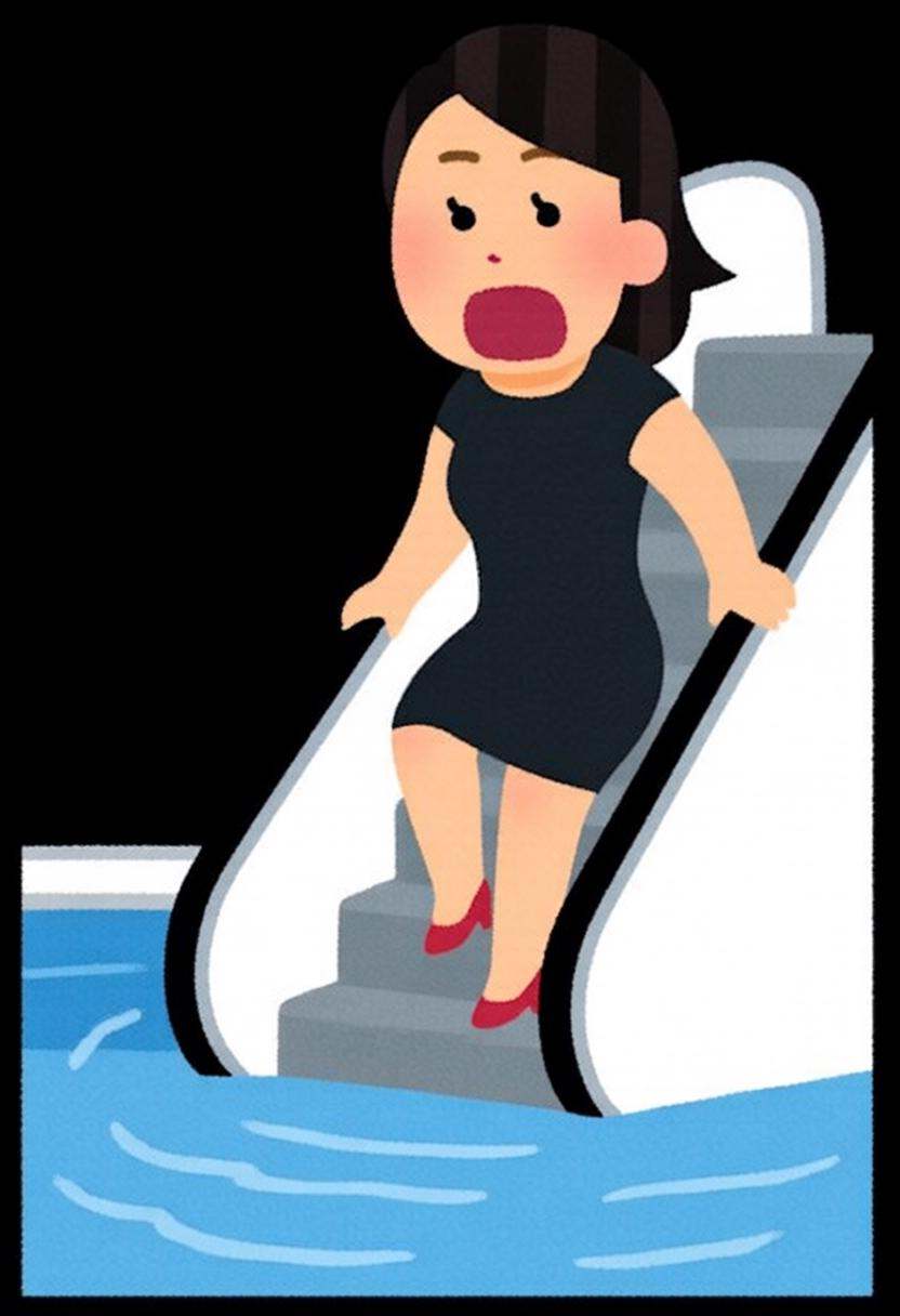 irasutoya3q illustration. A woman in a chic little black dress and red high heels,  gracefully descending an escalator. Sh...