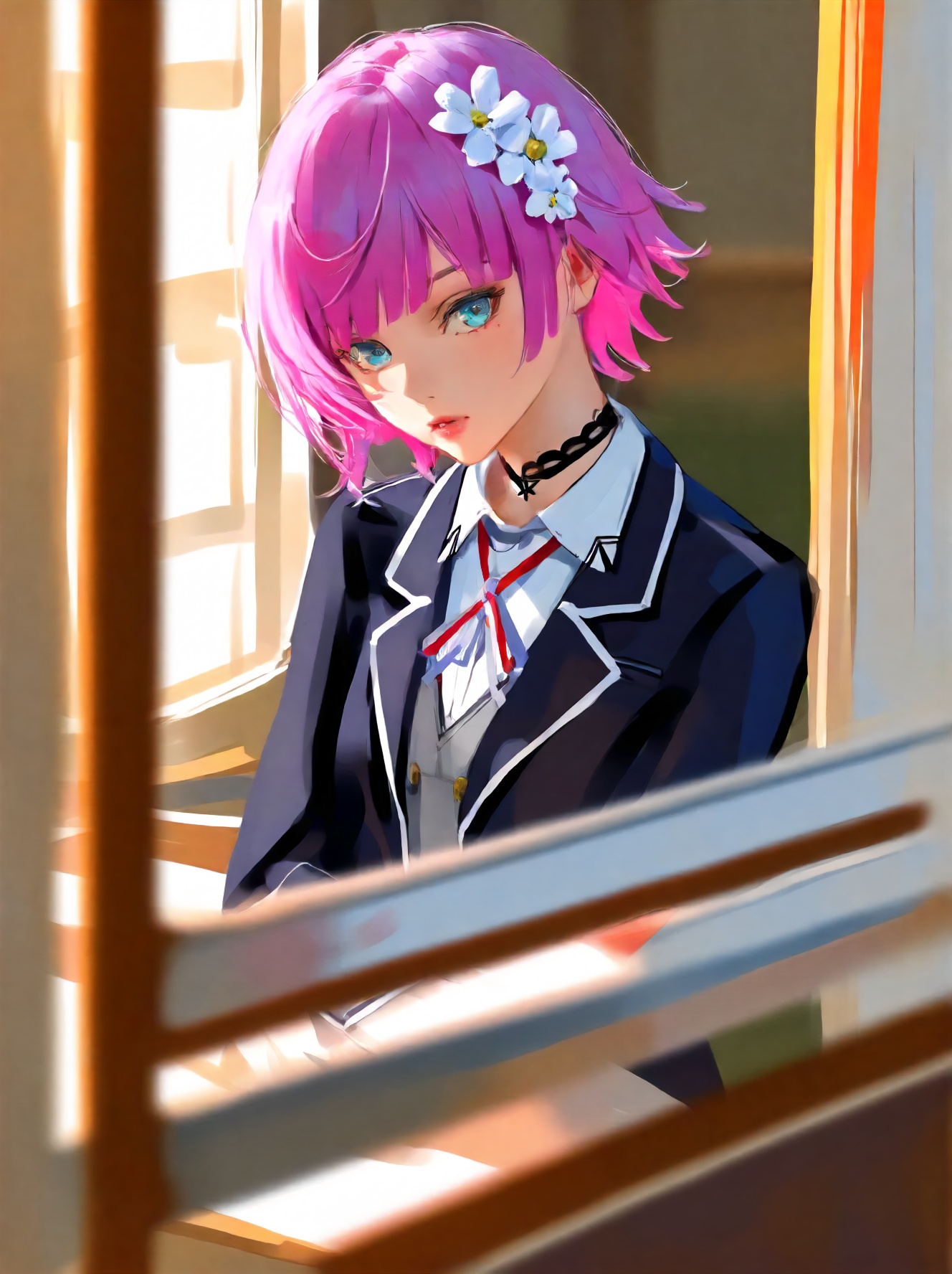 1girl, yuuhi riri, nijisanji, (wlop:0.9524), ciloranko, solo, (kousaki ruri:1.05), year 2023, from outside, upper body, depth of field, hair ribbon, pink hair, short hair, blurry, blue eyes, red ribbon, virtual youtuber, flower, expressionless, hair flower, window, parted lips, banner, ribbon, indoors, black jacket, blazer, neck ribbon, school uniform, jacket, looking at viewer, choker, grey ribbon, collared shirt, lips, white shirt, shirt, black choker, masterpiece, best quality, safe, safe