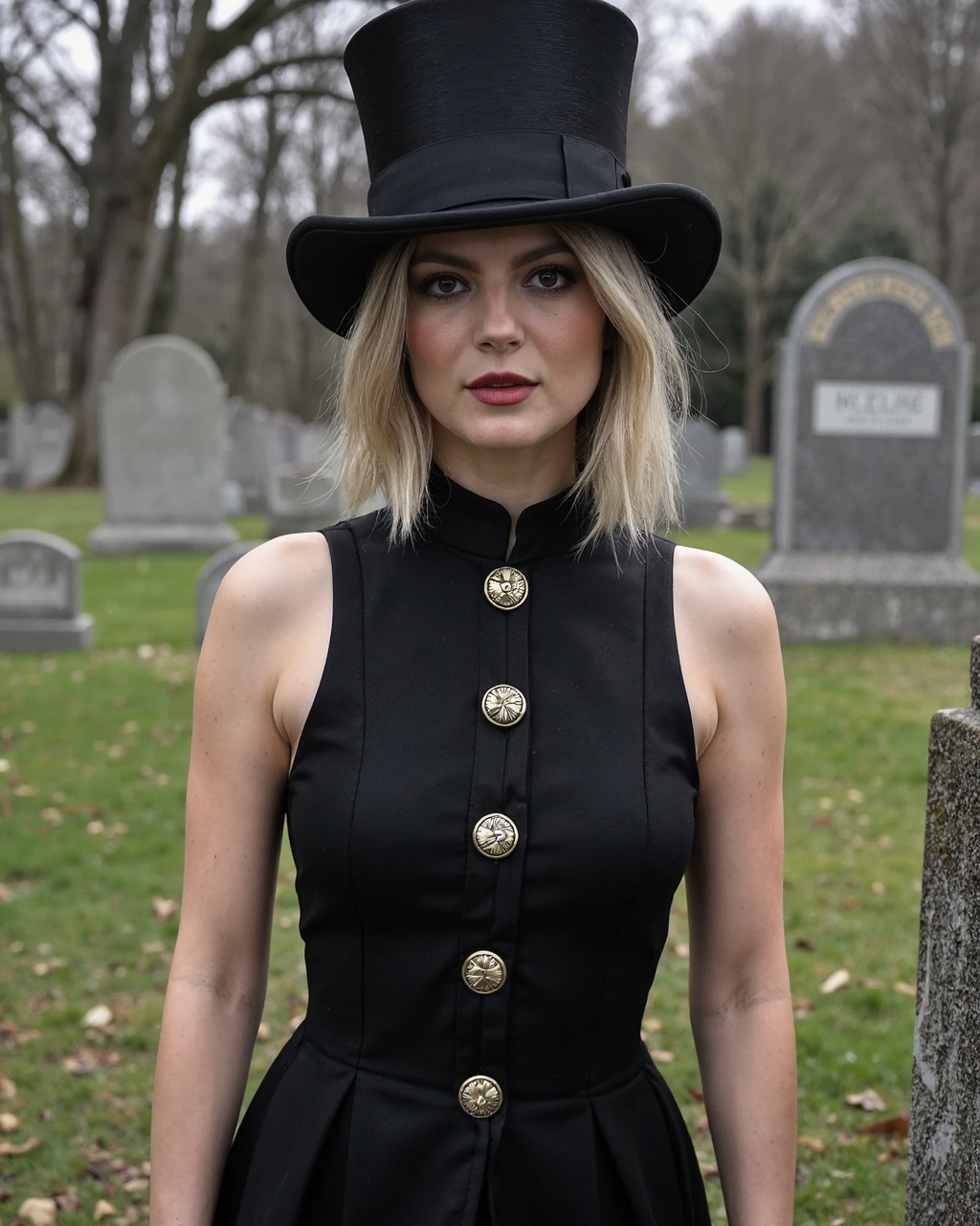 A high-resolution photograph featuring monica_barbaro standing in a cemetery. She is Caucasian with light skin and straigh...
