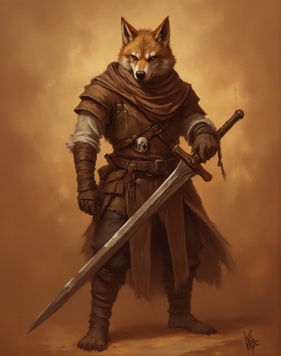 anthr0dnd,  This is a digital painting of an anthropomorphic wolf character in a medieval fantasy setting. The wolf stands...