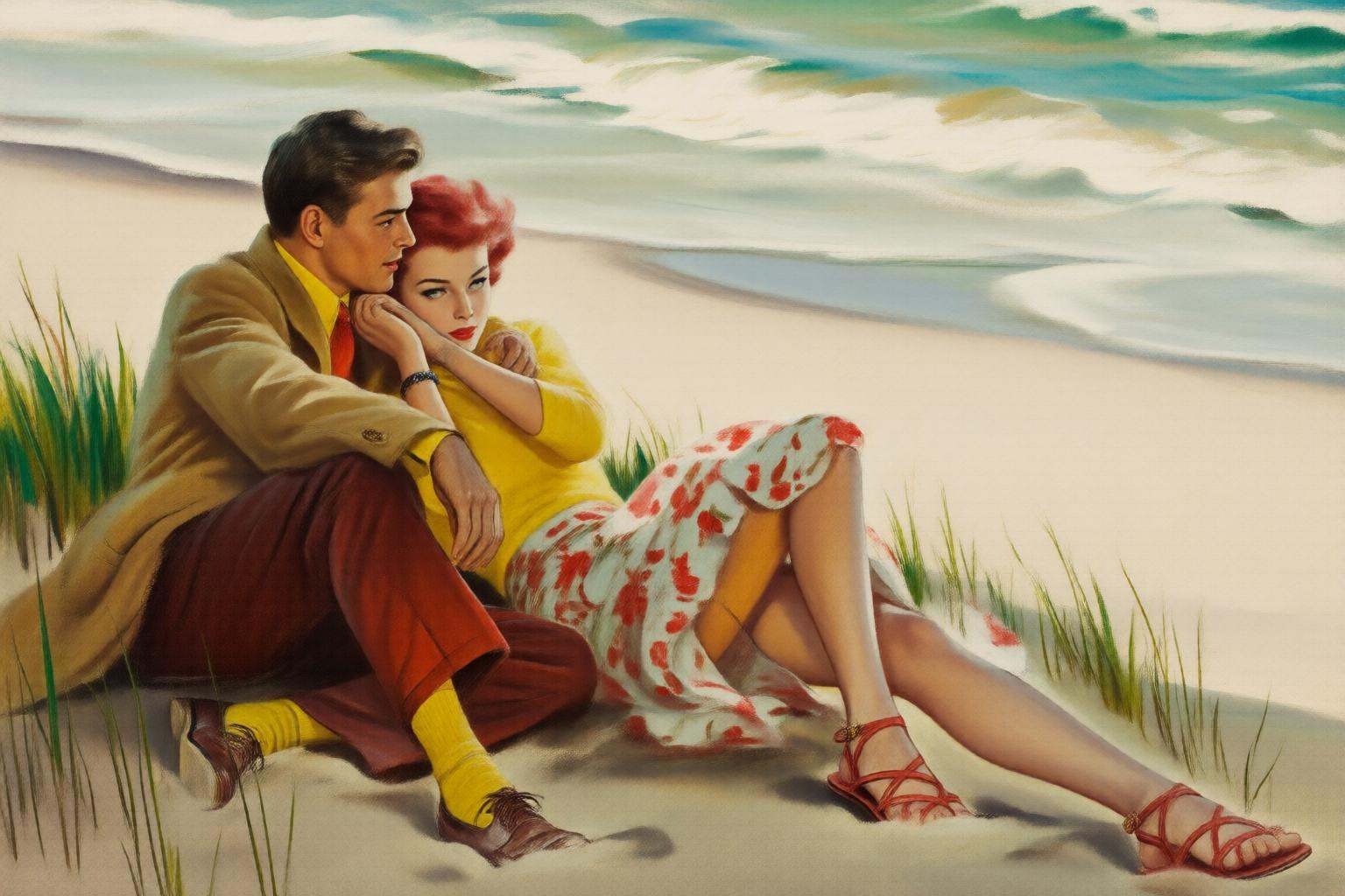 walterbaumhofer2q illustration. A man and a woman sit closely on a beach,  leaning against each other. The man on the left...