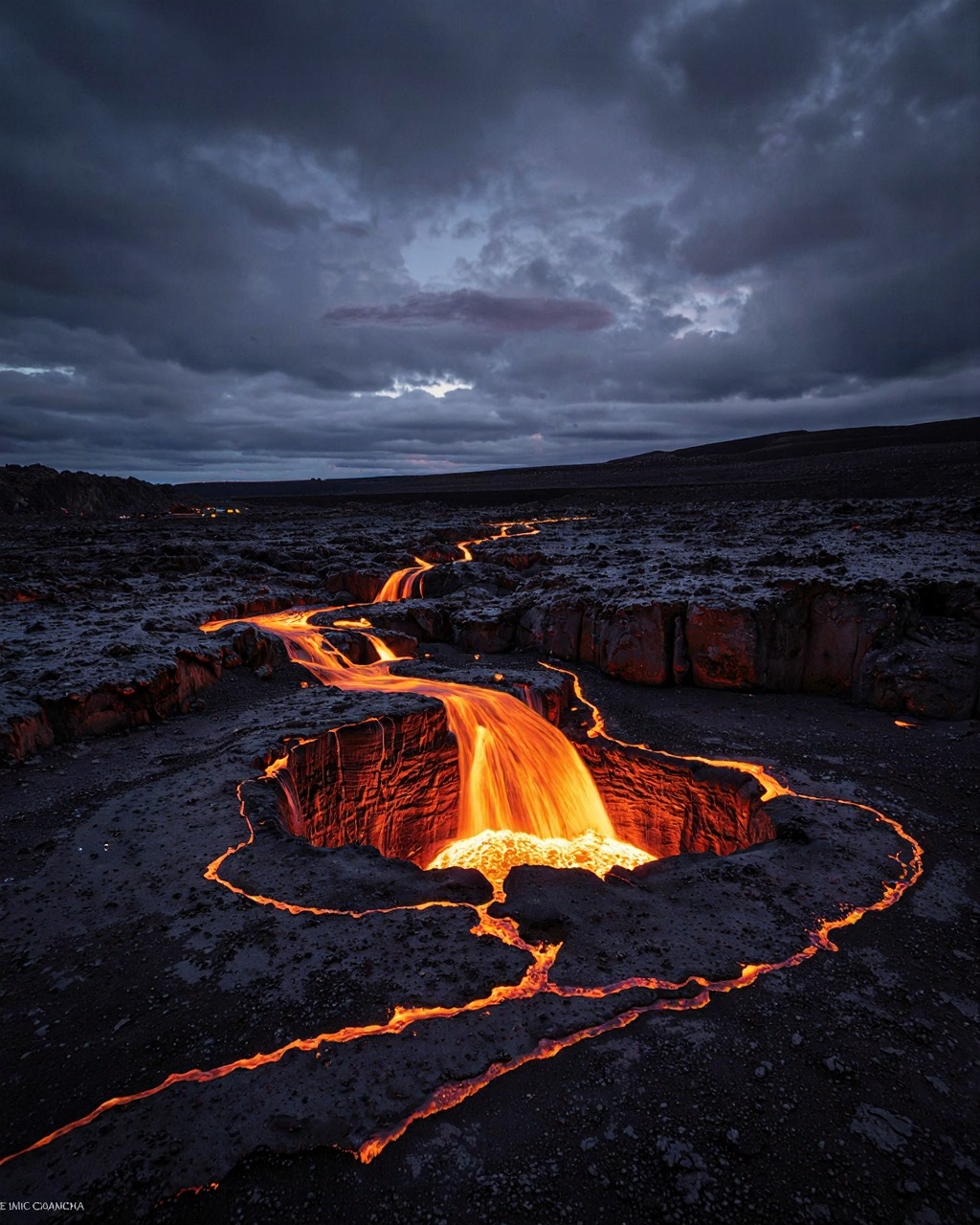 This photograph captures the awe-inspiring eruption of a volcanic vent set against a twilight sky. The image vividly displ...