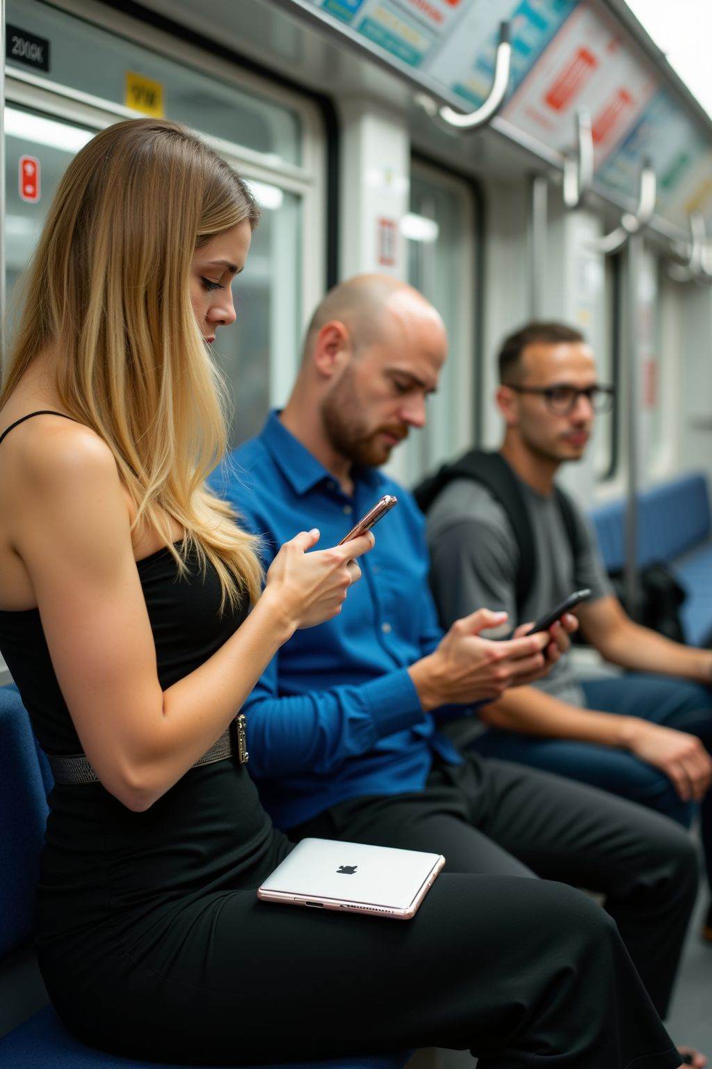 A photograph captures three young adults on a subway train. The woman with long blonde hair and fair skin,  wears a strapl...