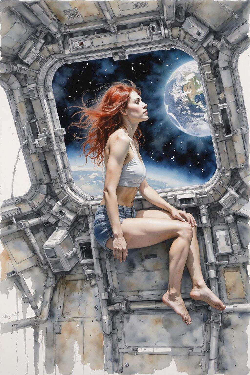 yawc1 watercolor. Profile view of a woman,  floating weightless,  space station. She is wearing short shorts and barefoot...