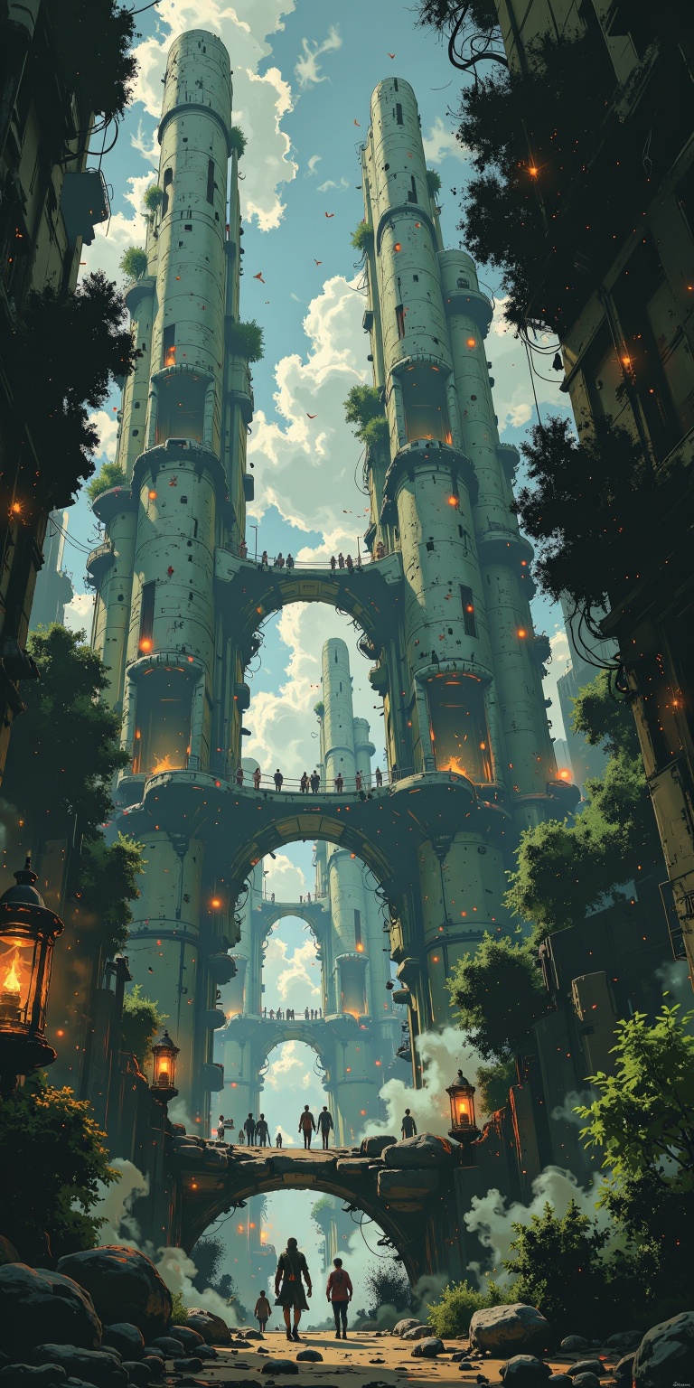 A future city filled with tall buildings with organic designs,  decorated with softly glowing air bridges on Tensor.Art