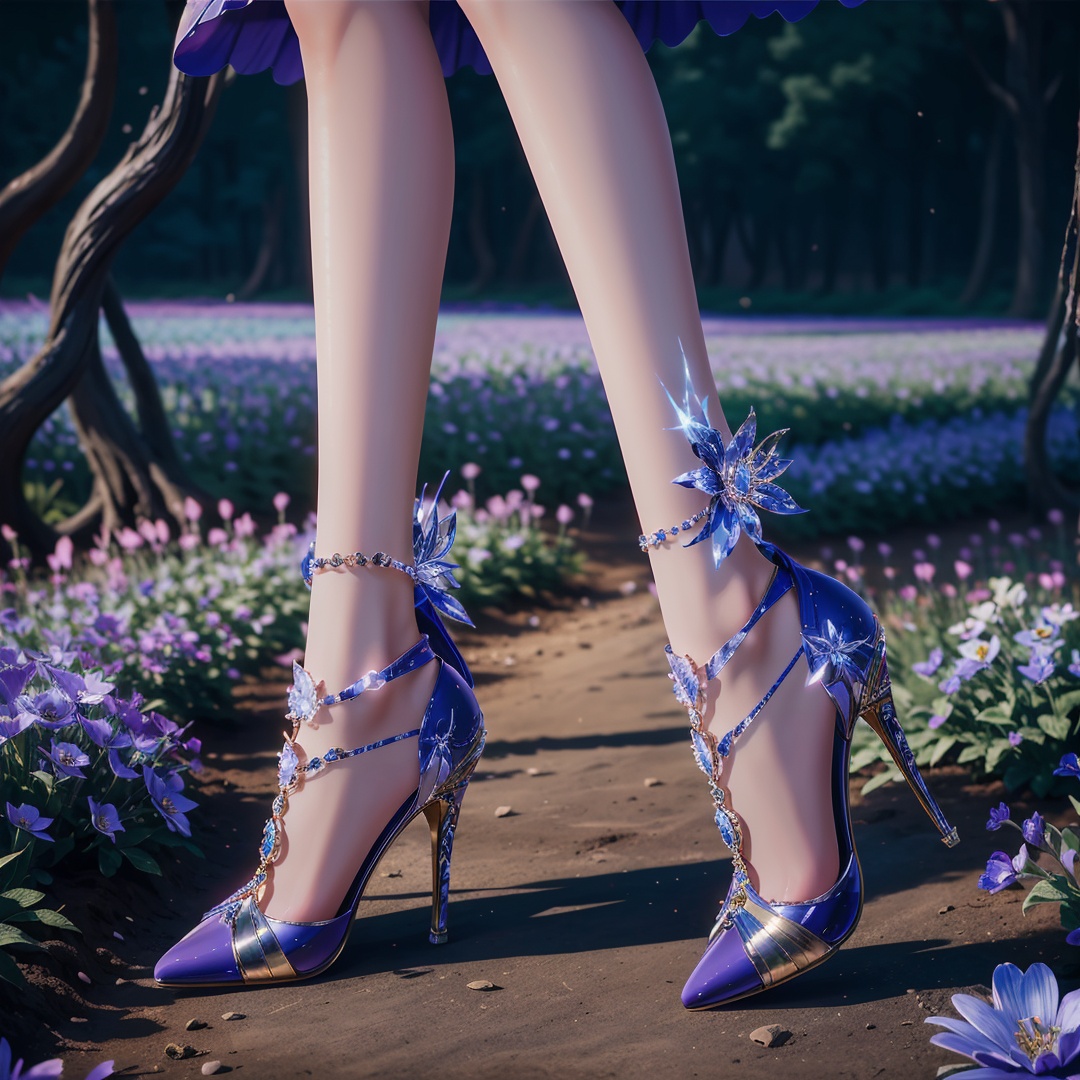 high heels,jewelry,outdoors,((flower field)),((fantasy)),foot focus,close-up,depth of field,Highly detailed,(ultra-detailed),(best quality:1.5,masterpiece:1.5),SFW,<lora:caier:0.7>,
