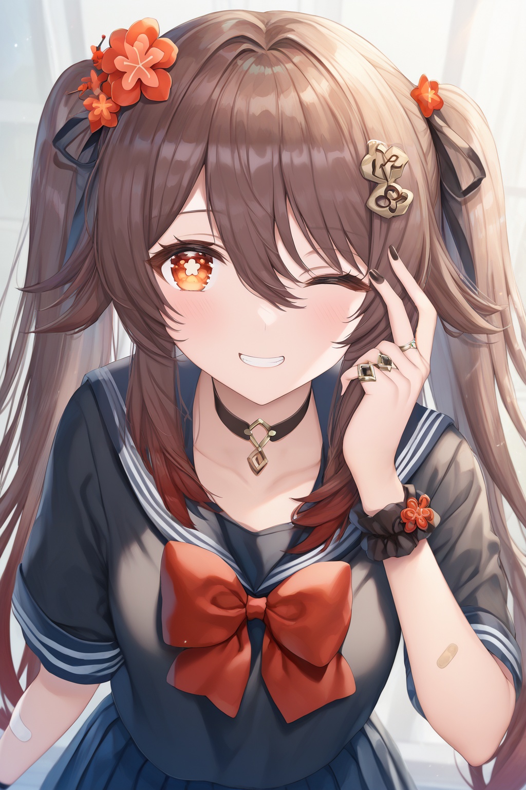 score_9,score_8_up,score_7_up,score_6_up,source_anime,source_cartoon,<lora:hutaoTUPONYXL-000001:1>,hu tao \(genshin impact\),1girl,brown hair,one eye closed,bandaid,ring,hair ornament,solo,twintails,long hair,smile,flower,flower-shaped pupils,hair flower,looking at viewer,red eyes,short sleeves,red bow,bandaid on arm,school uniform,jewelry,bow,choker,bandaid on hand,black choker,black shirt,multiple rings,red bowtie,grin,bowtie,hair between eyes,upper body,skirt,blush,hairclip,black ribbon,shirt,ribbon,polka dot background,sailor collar,wristband,hair ribbon,serafuku,looking up,from above,