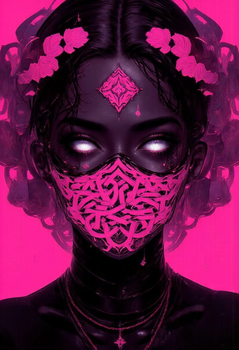 This is a digital artwork in a high-contrast,  adding a cyberpunk aesthetic. Her eyes are glowing white,  ornate headpiece...