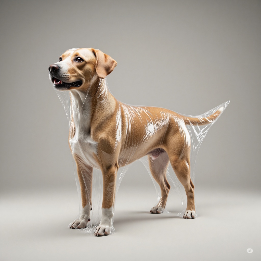 plastic_look_style,  a photo of a dog,  shrink-wrapped in clear plastic on Tensor.Art