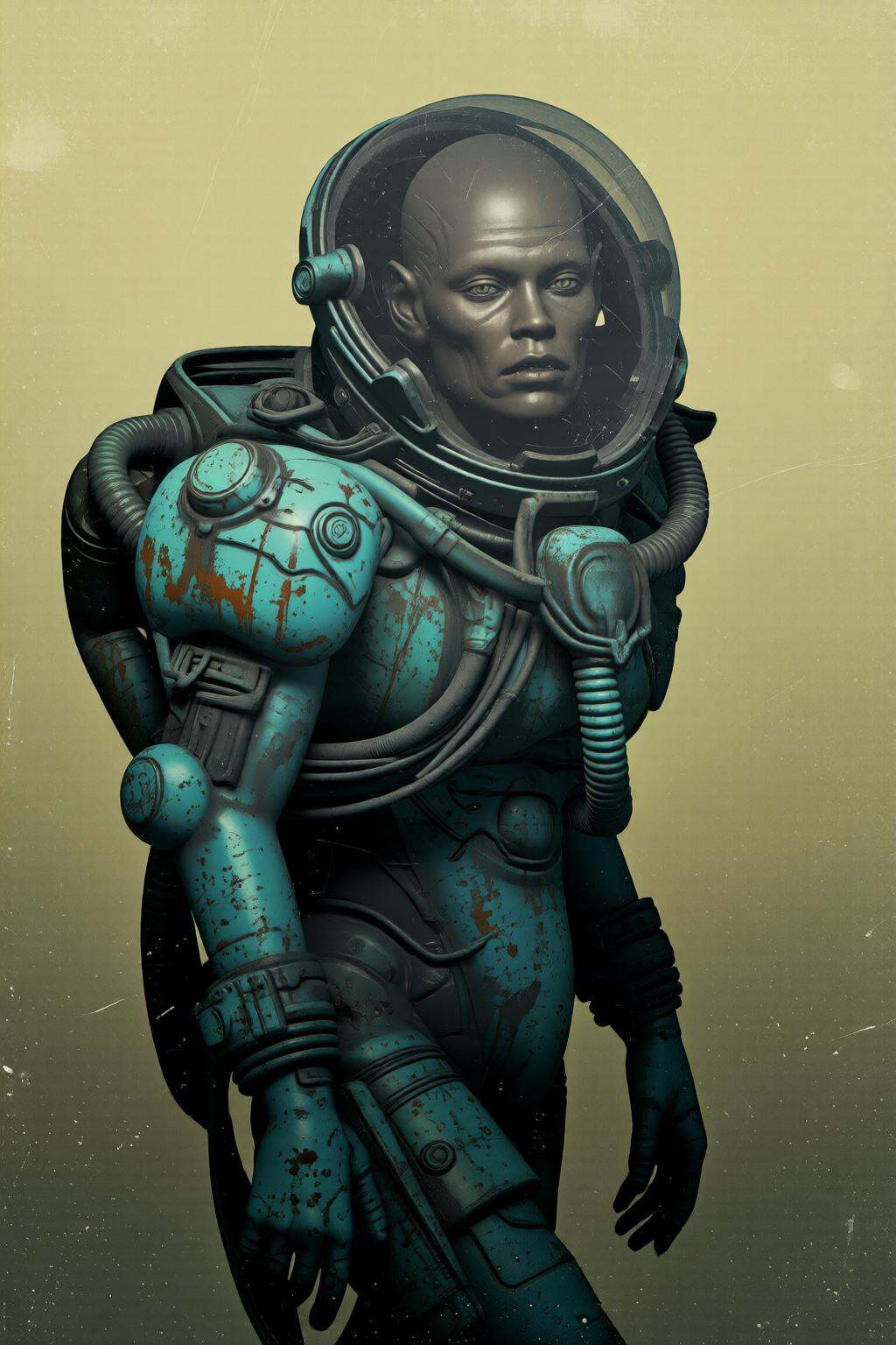 pascalblanche2q illustration.A bald humanoid figure in a futuristic,  weathered spacesuit. The suit is primarily greenish-...