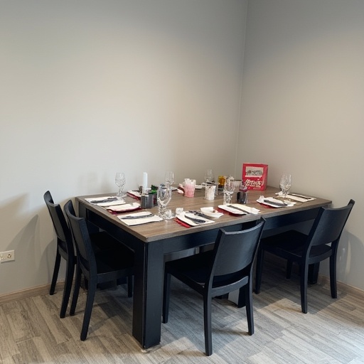 likely a café or a small restaurant,  and place settings,  with a focus on pizza delivery boxes. The walls are painted a l...