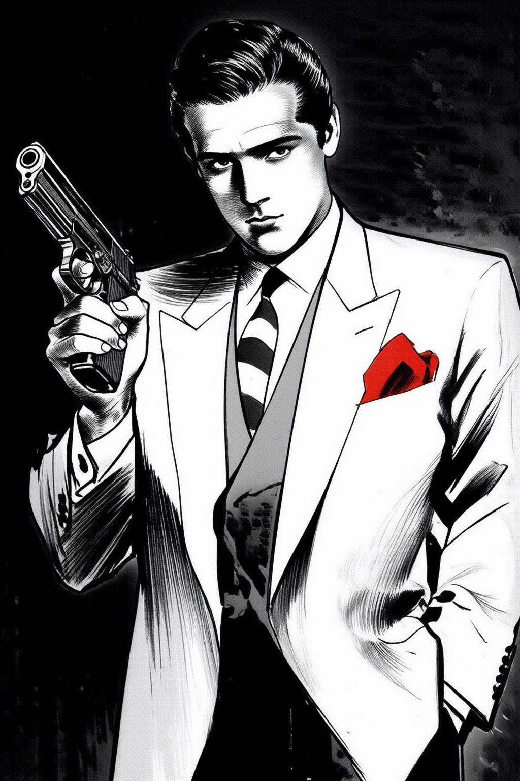 ryoichiikegami2q illustration. Black and white drawing.The image depicts a stylized illustration of a person holding a gun...