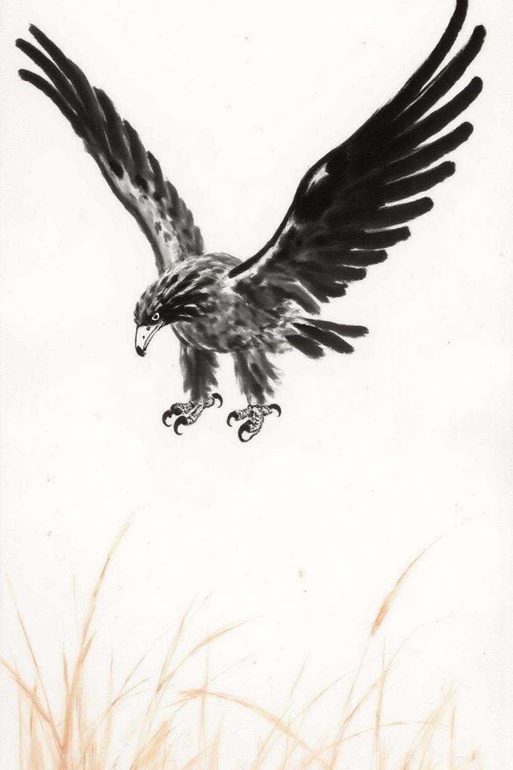 xbh1 ink wash painting.A eagle,  in mid-flight over a grass field. on Tensor.Art