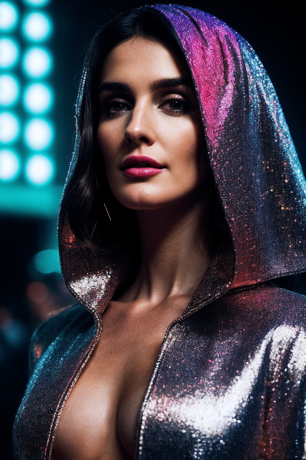 PazV_SoloTI_v1,  (In a tailored coat of shimmering metallic fabric,  adorned with neon accents and reflective surfaces on...