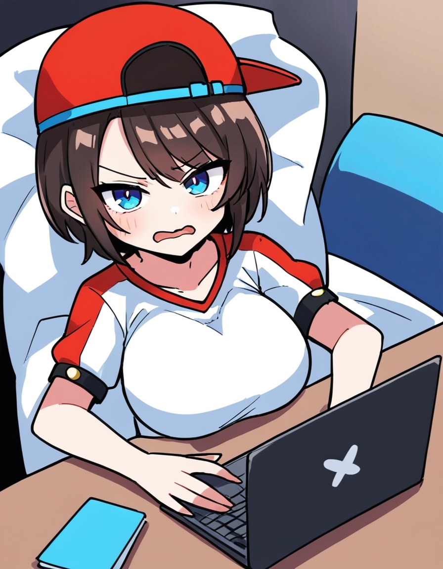 zmgwshnmspfd, 1girl, oozora subaru \(1st costume\), hololive,zmgwshnmspfd, short hair, swept bangs, blue eyes, brown hair, black hair, baseball cap, hat, breasts, backwards hat, laptop, red headwear, shirt, holding laptop, vertical-striped shirt, lying, holding, taut clothes, short sleeves, striped shirt, bed sheet, virtual youtuber, looking at viewer, smile, large breasts, short, open mouth, vertical-striped clothes, white shorts, striped clothes, solo, under covers, from above, on side, computer, taut shirt, blush<lora:zmgwshnmspfd:1>​​​