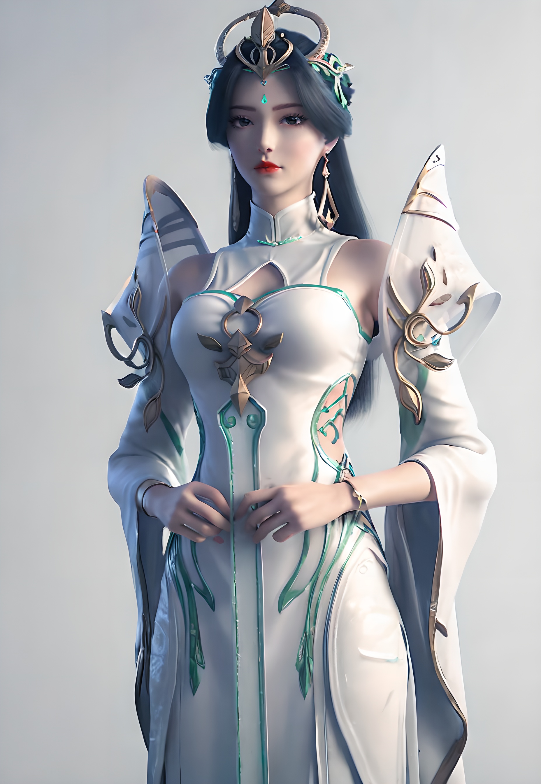 score_9,score_8_up,score_7_up,<lora:SF_LiuShen_Pony-000004:0.7>,1girl,solo,standing,dress,breasts,red lips,jewelry,hair ornament,earring,looking at viewer,white background,
