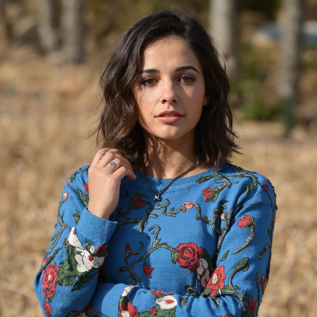A portrait of naomi_scott outdoors,  captured in a side profile. She wears a blue sweater with intricate floral patterns i...