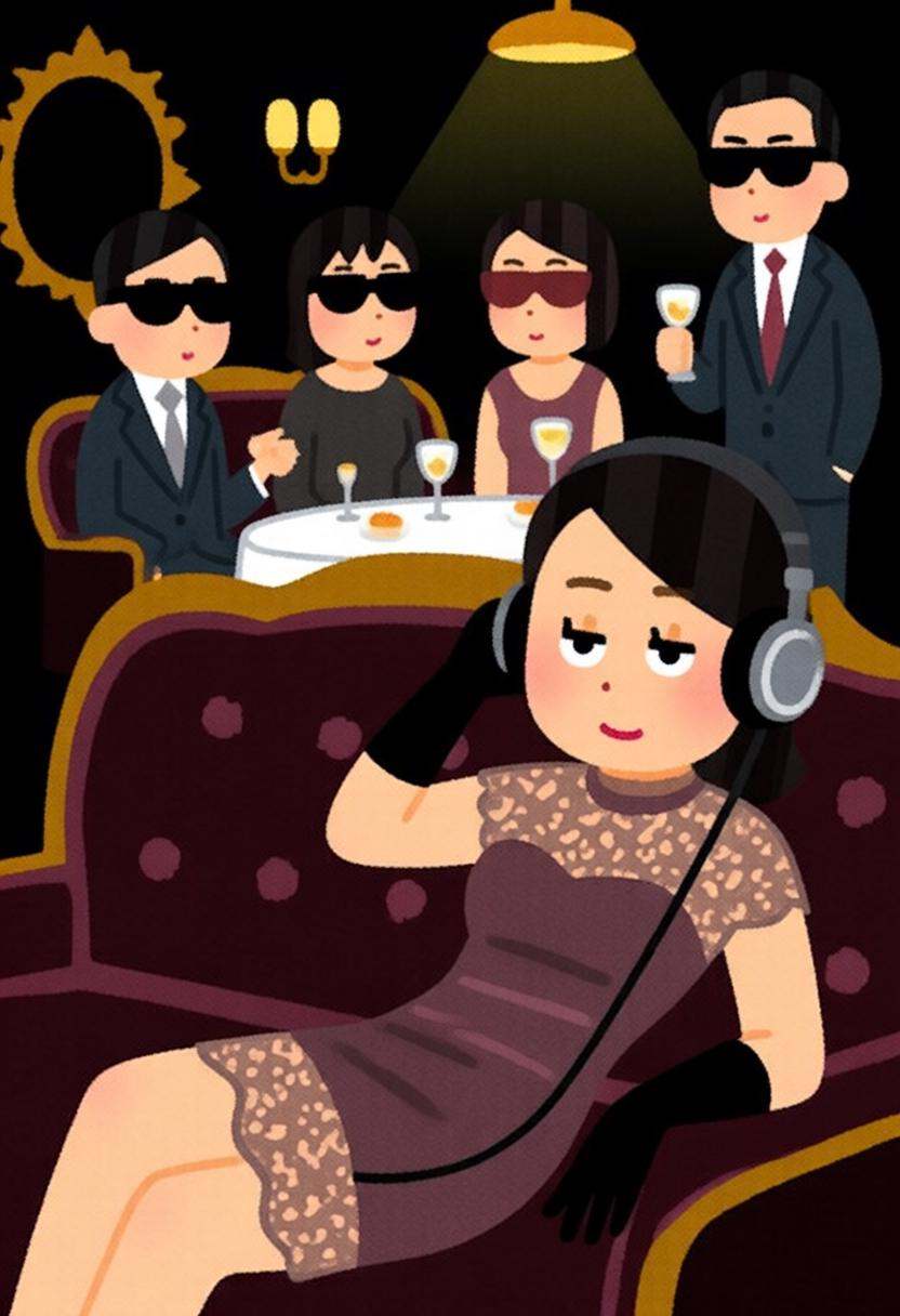 irasutoya3q illustration. irasutoya1 illustration.A luxurious,  dimly lit lounge set in 1970s Italy,  exuding vintage char...