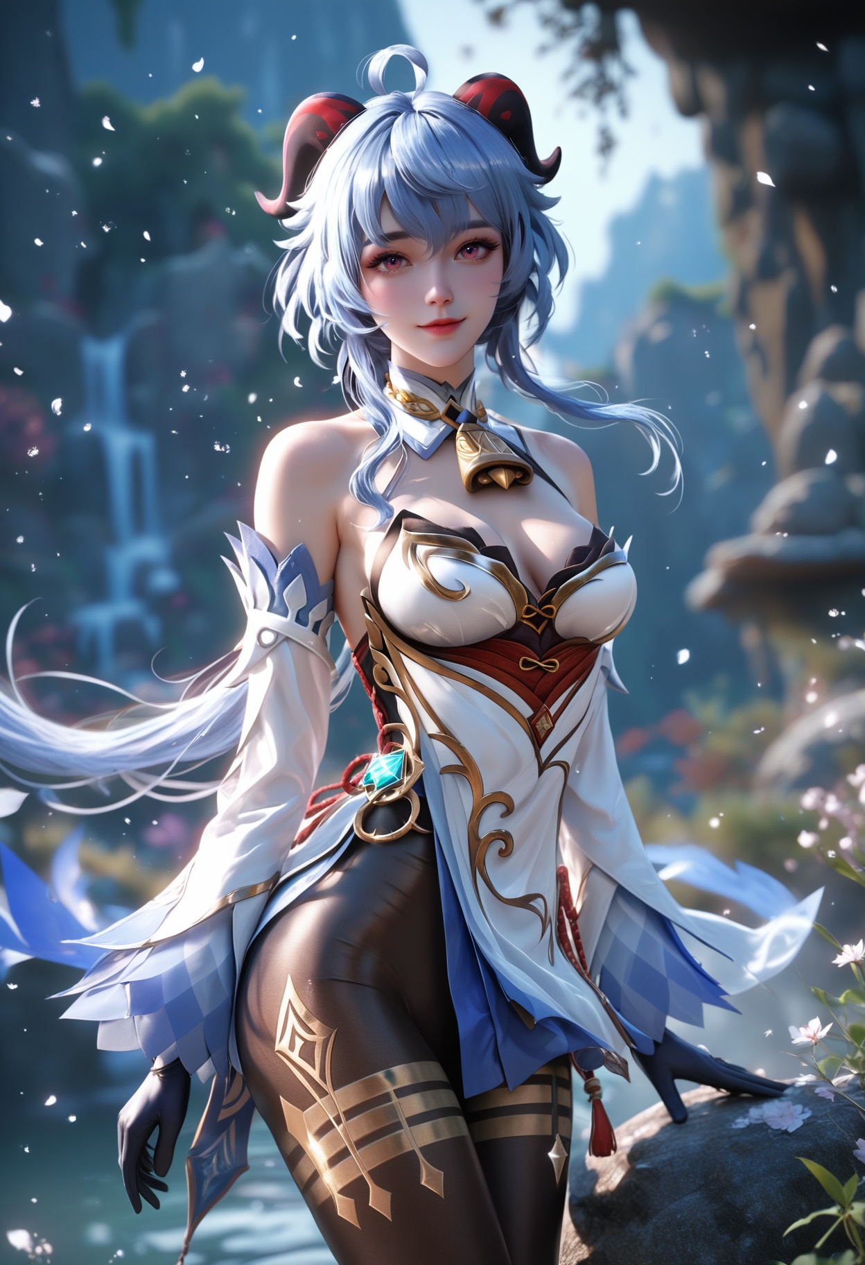 score_9,score_8_up,score_7_up,score_6_up,highres,night,aesthetic,blush,(large breasts,big ass,large thigh,thigh gap,large hips,thin waist),k-pop idol,miss korea,korean beauty,Use soft lighting to cast gentle shadows on the subject,BREAKmasterpiece,raw,realistic,high-resolution,(detailed),(photograpy),(photorealistic),(cowboy_shot:1.2),seductive smile,large breasts,depth of field,wide_shot,round breasts,breasts together,cleavage,BREAK1girl,ganyu (genshin impact),solo,horns,long hair,blue hair,detached sleeves,ahoge,gloves,bell,neck bell,purple eyes,bare shoulders,bangs,looking at viewer,breasts,sidelocks,smile,white sleeves,medium breasts,gold trim,tassel,standing,chinese knot,low ponytail,pantyhose,Sitting on a rock or boulder, looking peaceful,