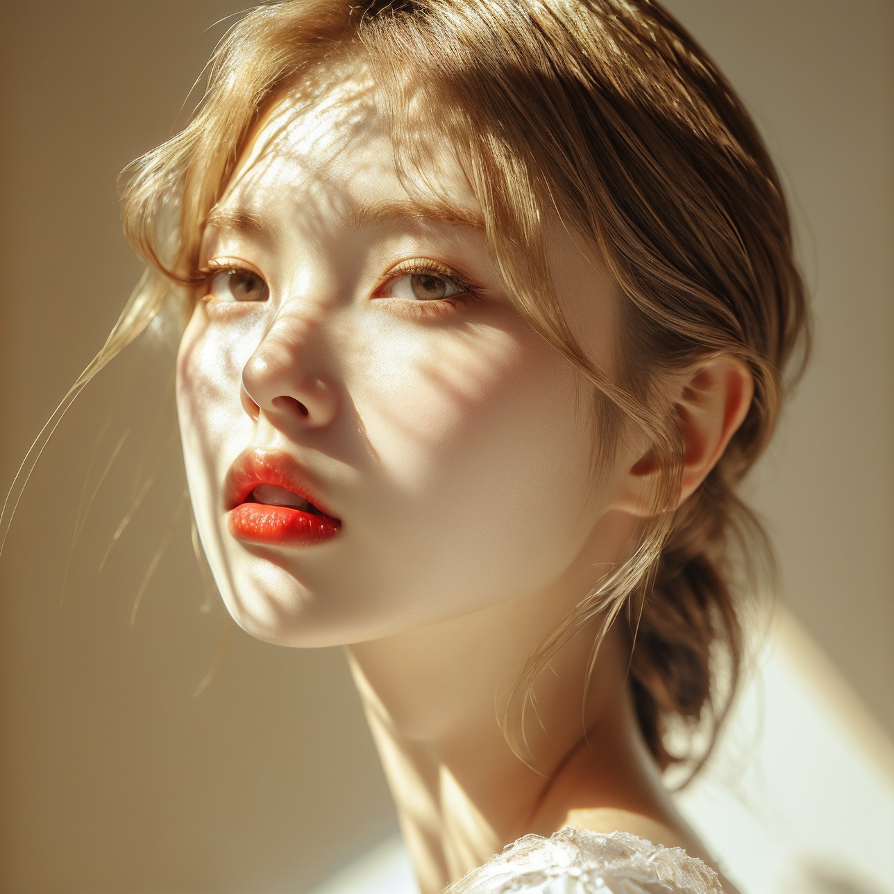 1girl, solo, looking at viewer, parted lips, brown hair, brown eyes, realistic, portrait, lips, red lips
