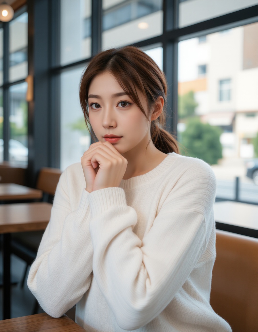 A young asian woman with fair skin and long brown hair tied back in a loose ponytail,  wearing a white,  long-sleeved swea...