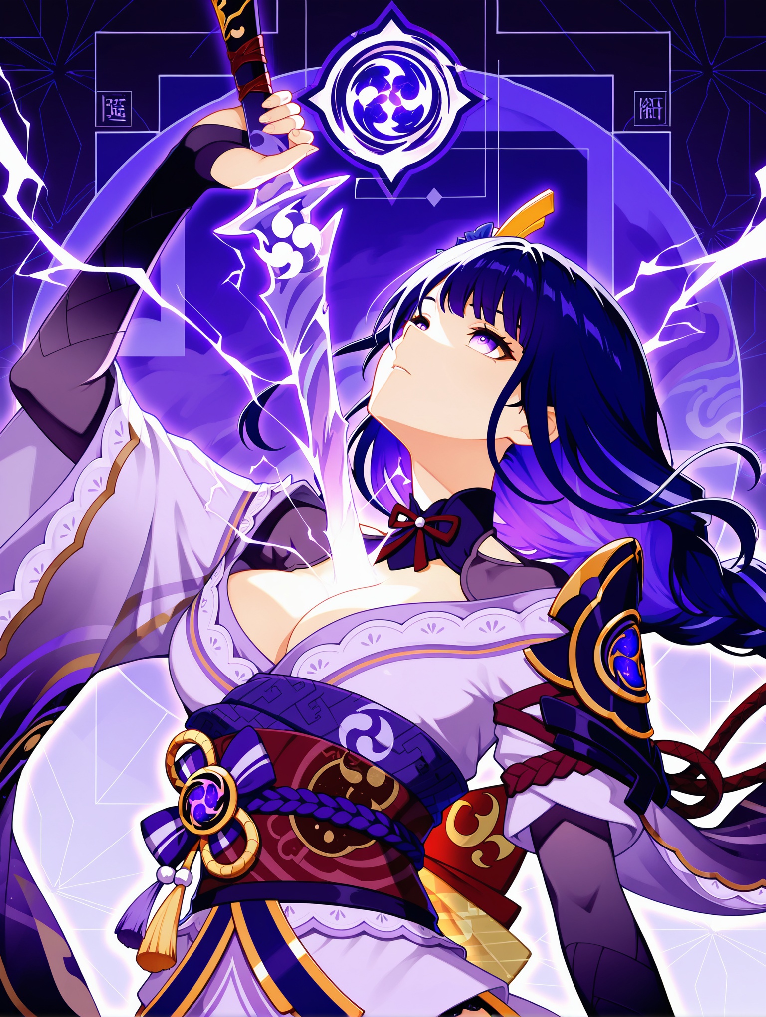cover,geometric background,Dojinshi,Graphic Design,illustration cover,Sense of form,planar composition,cover page,layout,Main vision, raiden shogun,1girl, solo,facing up, electricity,floating hair,holding sword,human scabbard,musou isshin (genshin impact),,masterpiece,best quality,amazing quality,