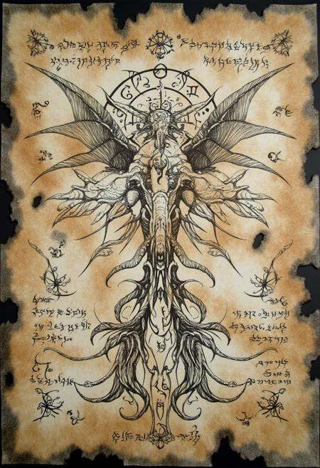 ncrnmcn,  A worn sheet displays a hybrid creature—part bird,  part humanoid—standing in a defensive posture. Its wings on...