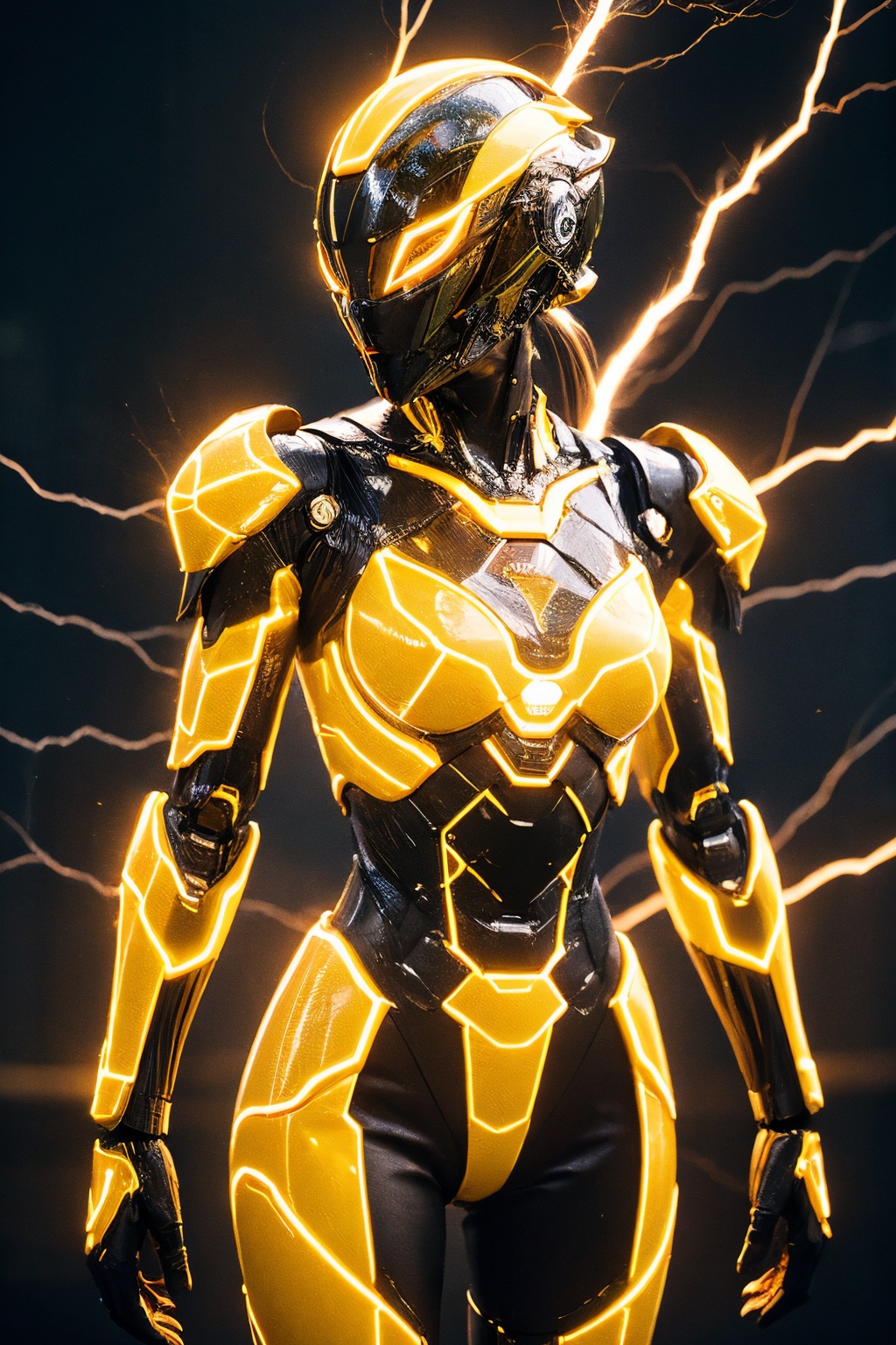 1girl, solo, glowing, electricity, science fiction, humanoid robot, glowing eyes, helmet, robot, standing, armor, cowboy shot, breasts, lightning, arms at sides, robot joints, medium breasts, orange eyes, sparks, power armor, neon trim, joints