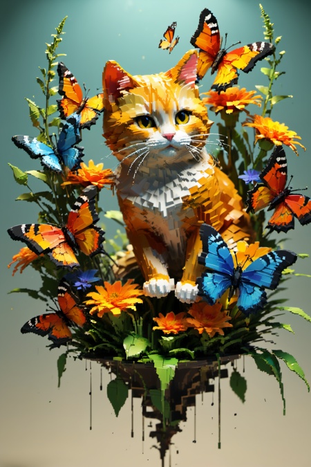 ((oil painting by Henry Asencio)),  breathtaking voxel 3d rendering of a magical scene,  a happy orange cat jumping with b...