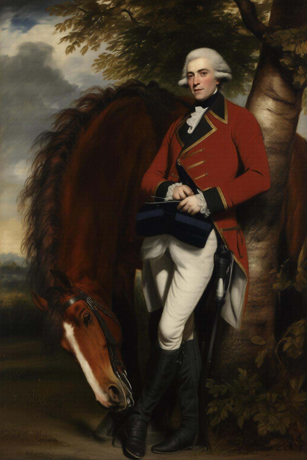 joshuareynolds2q painting.A gentleman in 18th-century attire standing next to a horse. He stands confidently,  dressed in...