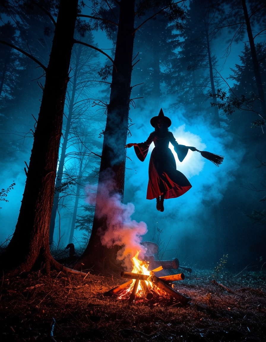 SuspiriaStyle,  a witch levitating in middair over a bonfire, on Tensor.Art
