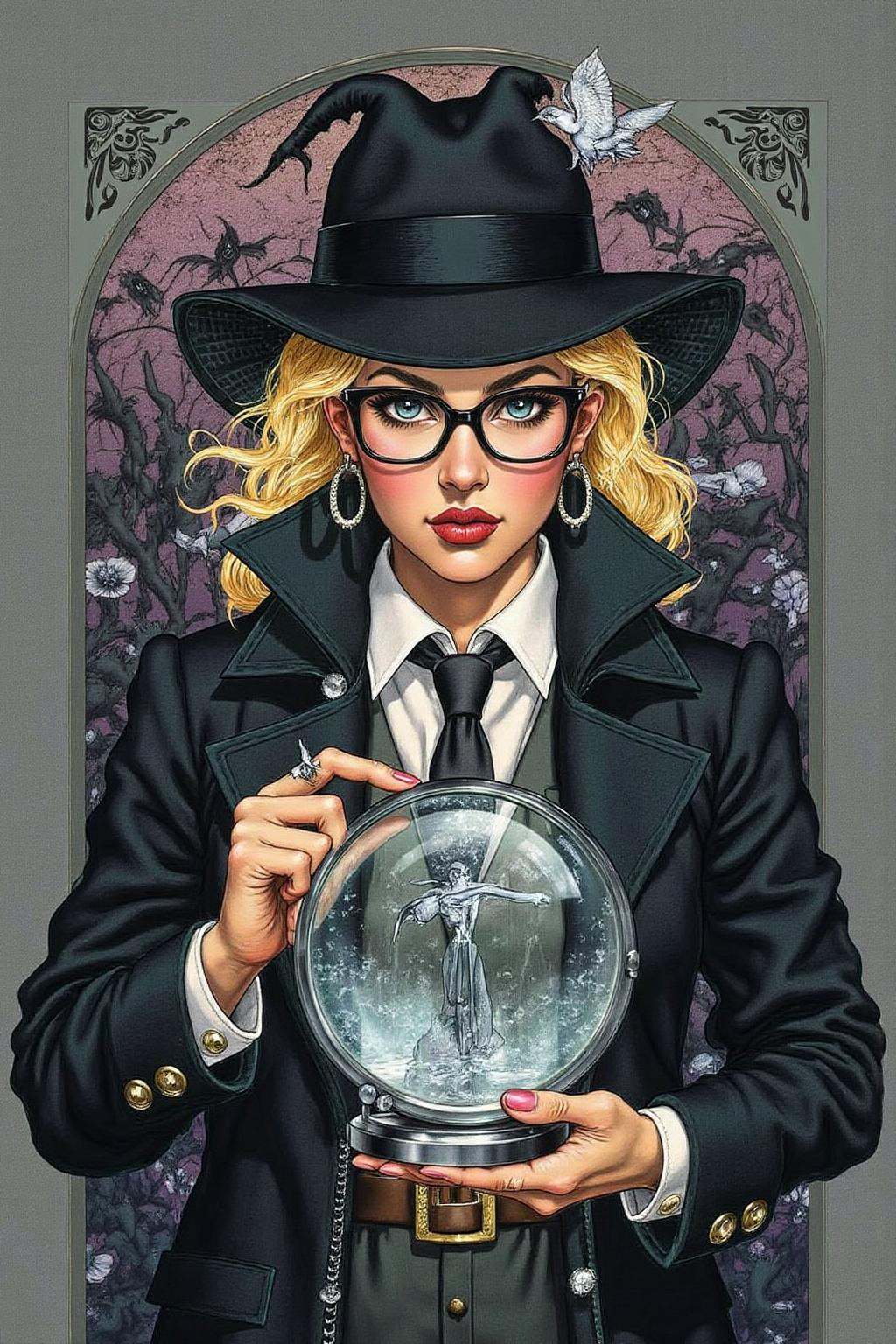 jole1 illustration.Portrait of a female detective scowling into a magnifying glass. The glass is crystal clear,  showing a...