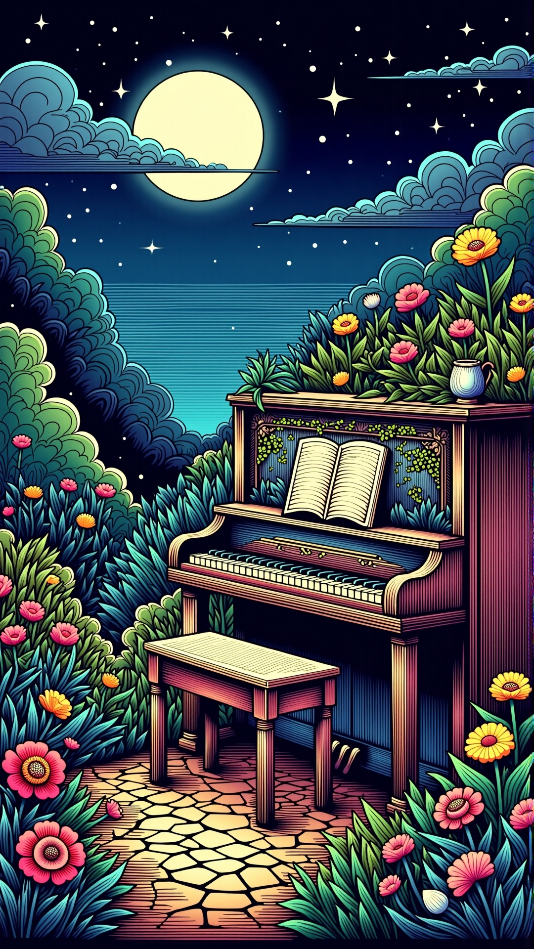 lineart,  colorful,  A timeworn piano sitting in the middle of a moonlit garden on Tensor.Art