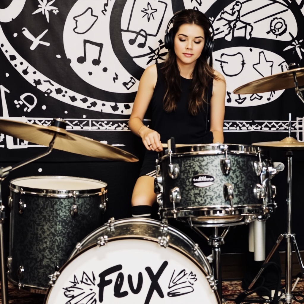 A close-up shot of elise_trouw playing a drum set. She wears headphones. The drum set consists of a bass drum with the word "FLUX" inscribed on it, snare drum, and two toms. The woman wears a black sleeveless top and knee-high socks. The background features a black and white wall with a graphic design of musical notes and symbols. The image style is candid and focused, capturing a moment of intense musical performance.