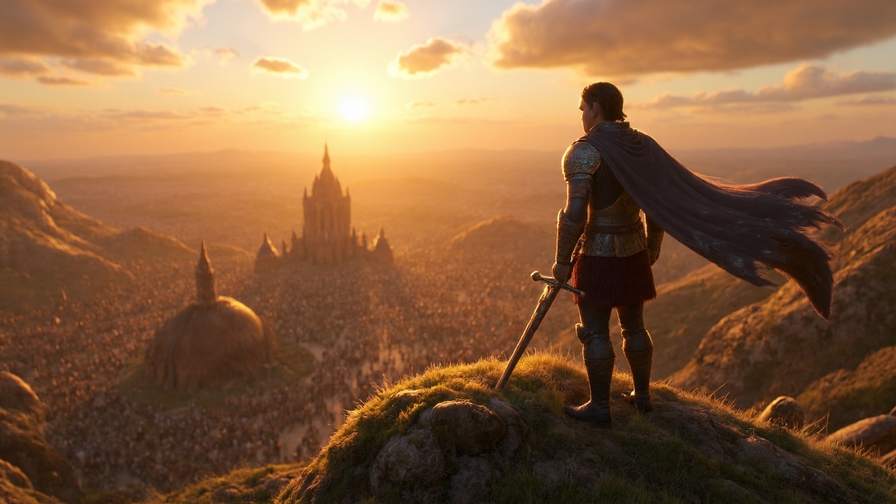 A CGI scene depicting a heroic figure stands atop a hill overlooking a vast battlefield,  their cloak billowing in the win...