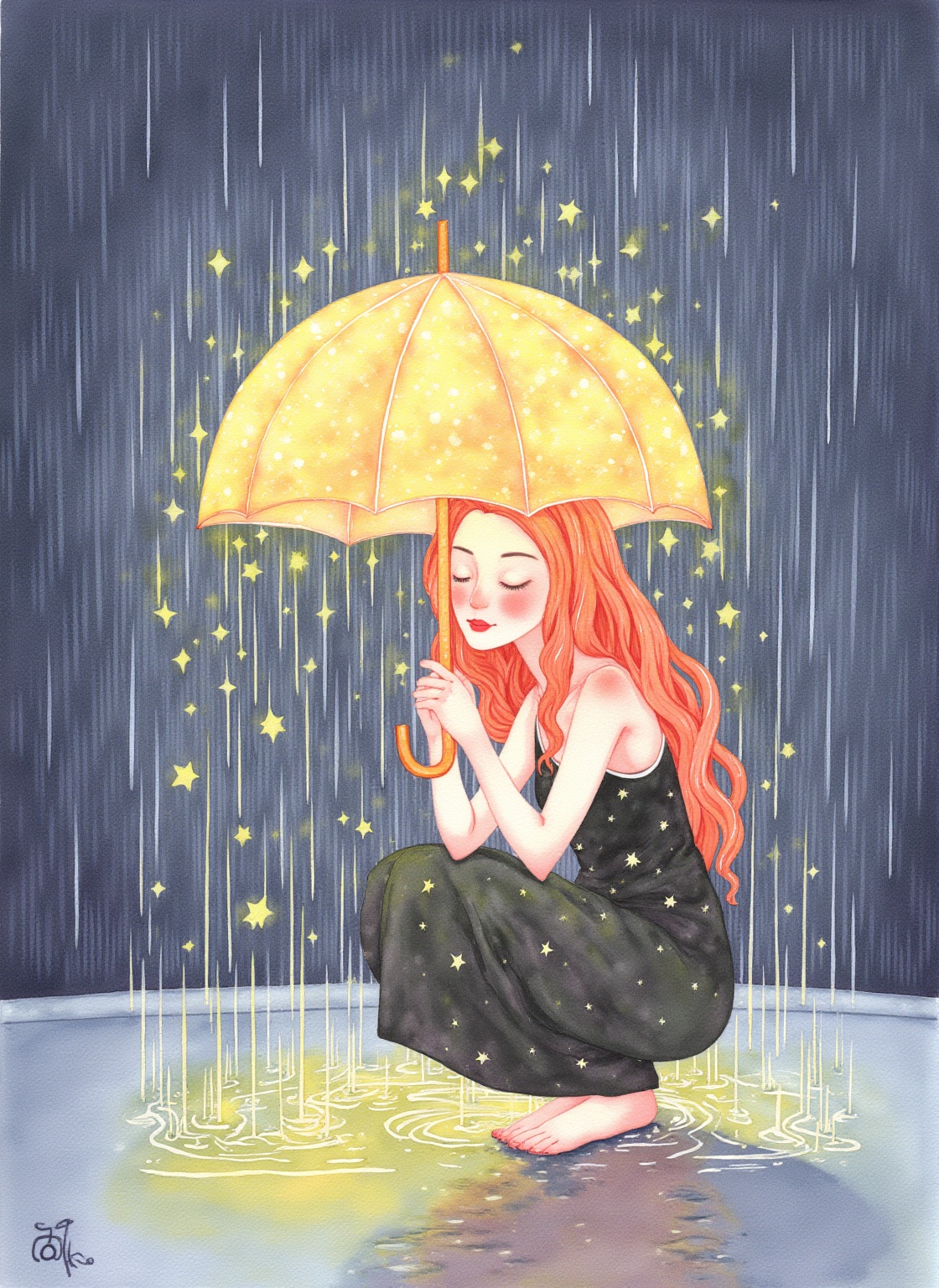 CGArt illustrator,renyu Color spot,renyu Color spot,Acrylic painting,a digital painting in a whimsical,fantasy style. The image depicts a young woman with long,wavy,reddish-orange hair,crouching on a wet,reflective surface. She is wearing a black,sleeveless dress adorned with tiny,sparkling stars,creating a celestial theme. Her eyes are closed,and she appears to be in deep thought or meditation. She holds a large,translucent umbrella above her head,which is illuminated by numerous small,glowing stars,giving it a magical,dreamlike quality. Rain falls gently around her,creating a serene,peaceful atmosphere. The background is dark,with the stars from the umbrella shining brightly,adding a celestial touch to the scene. The ground reflects the light from the stars,creating a mesmerizing,rippling effect. The overall color palette is dominated by warm hues,with the rain adding a cool,blueish tint to the scene.,