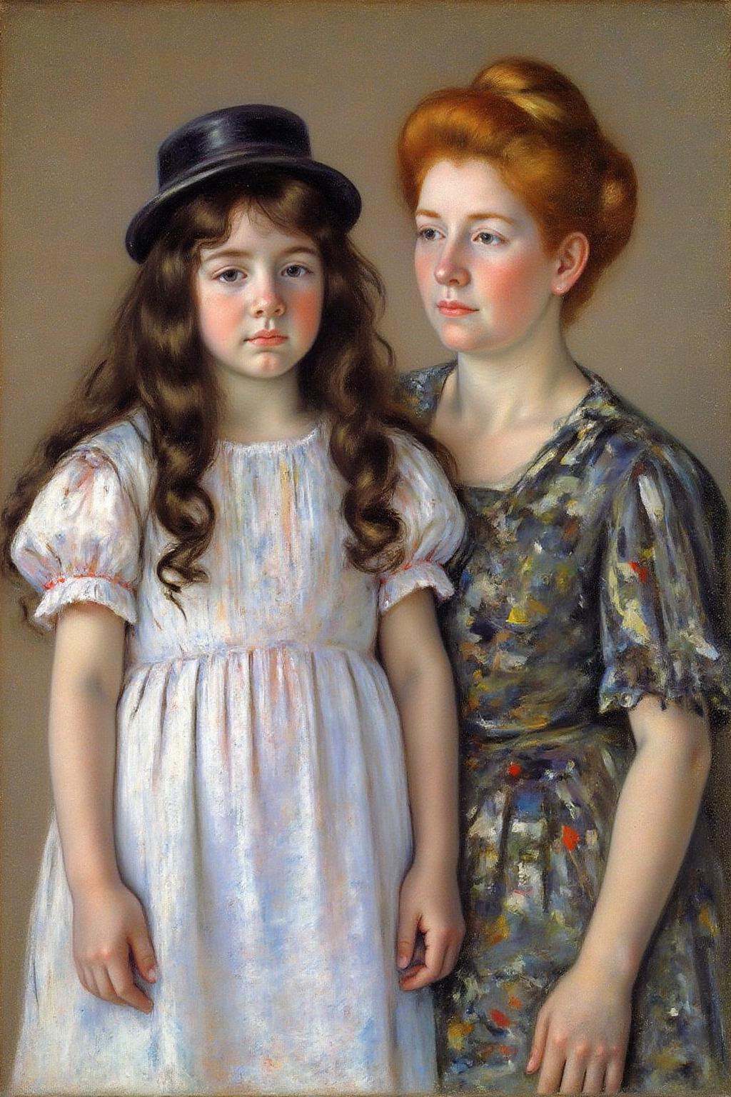 marycassatt1 painting.Two woman posing together. The woman on the left is a young girl with long,  dark curly hair adorned...