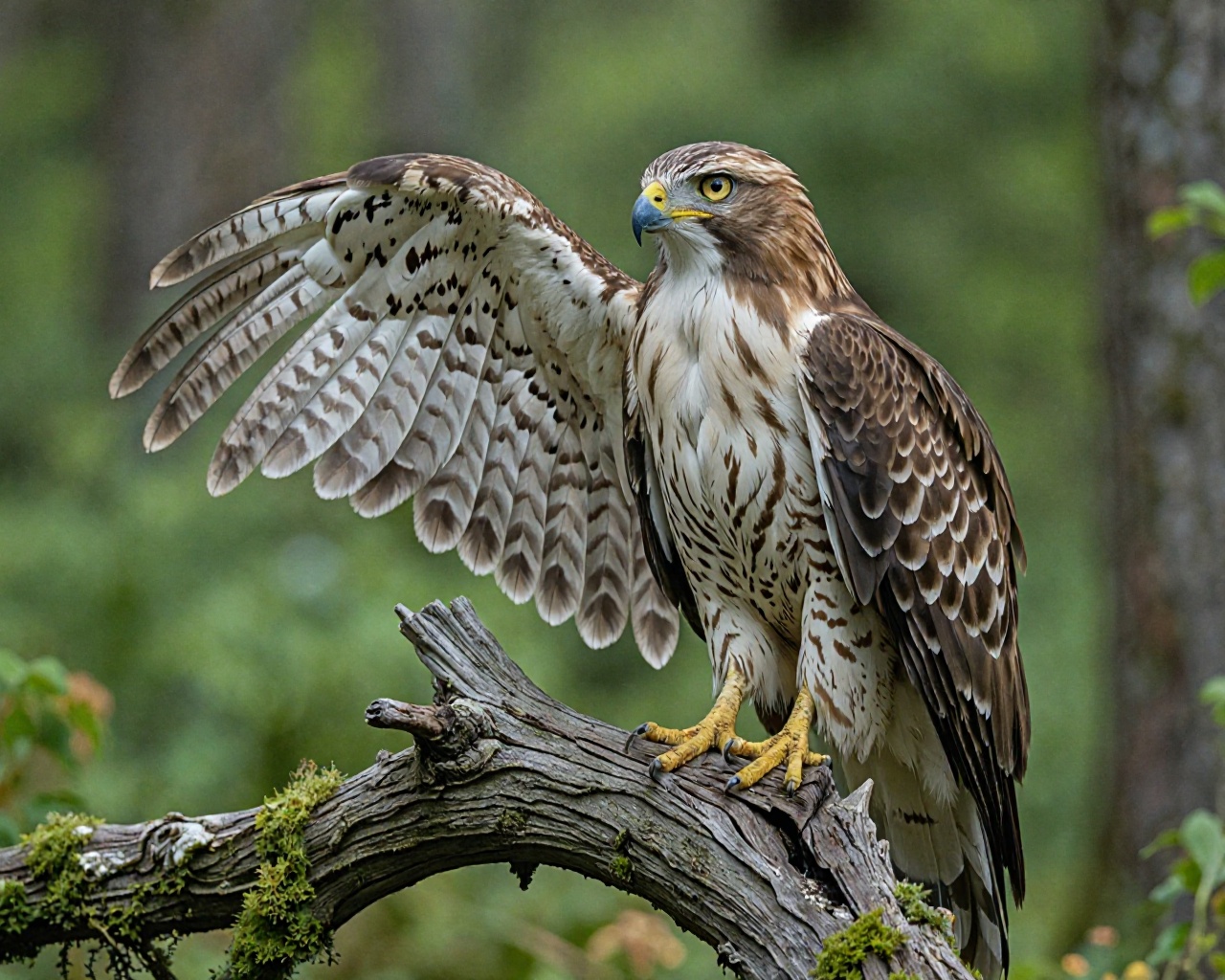 The image is a high-resolution photograph capturing a majestic hawk perched on a rugged,  moss-covered branch. The hawk,...