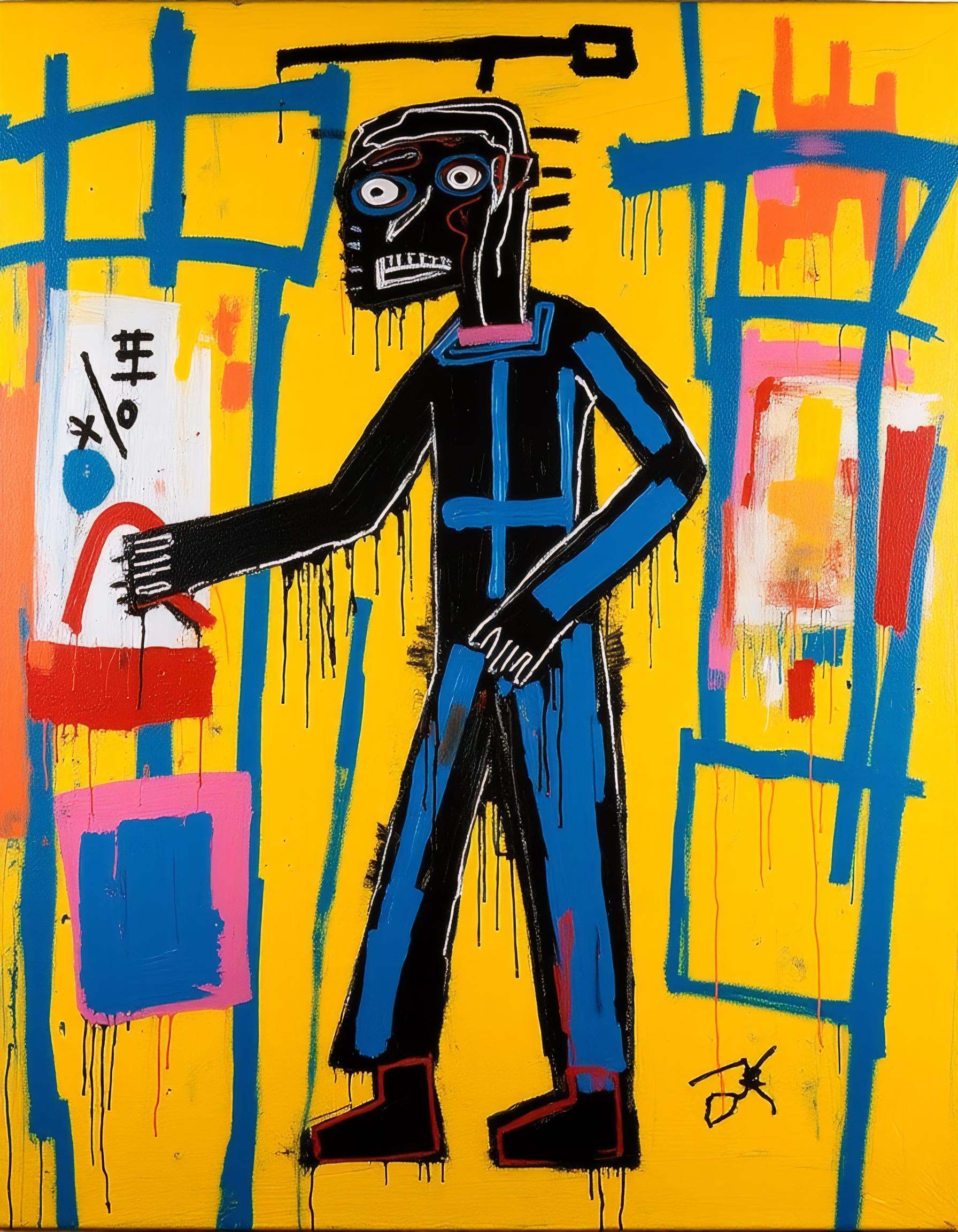Jean-Michel Basquiat Style - raw dirty oil paiting Basquiat draw himself,  chaotic lines and vivid colours on Tensor.Art
