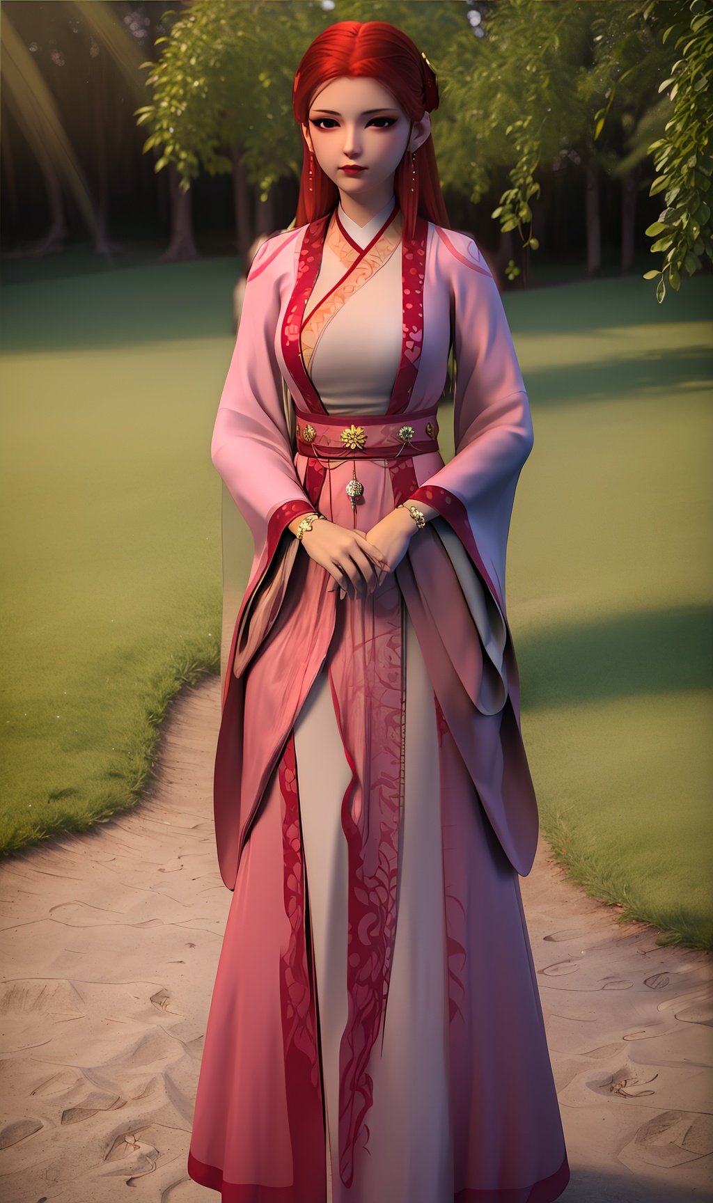 3D,masterpiece,(best quality),(makeup),official art, extremely detailed cg 8k wallpaper,((crystalstexture skin)), (extremely delicate and beautiful),(highly detailed),(face),(1girl), (solo), (jewelry), (earrings),(red_hair),(long_hair),(hair_ornament),(handwear),(breasts),(standing),(collar),,((full_body,whole_body)),(dress),,(multicolored_clothes),(multicolored_dress),(closed_mouth),(traditional_clothes),(long_dress),(long_skirt),(sunshine, outdoor),((looking_at_viewer)),((Facing the camera)),, <lora:hipoly3DModelLora_v10:0.3>